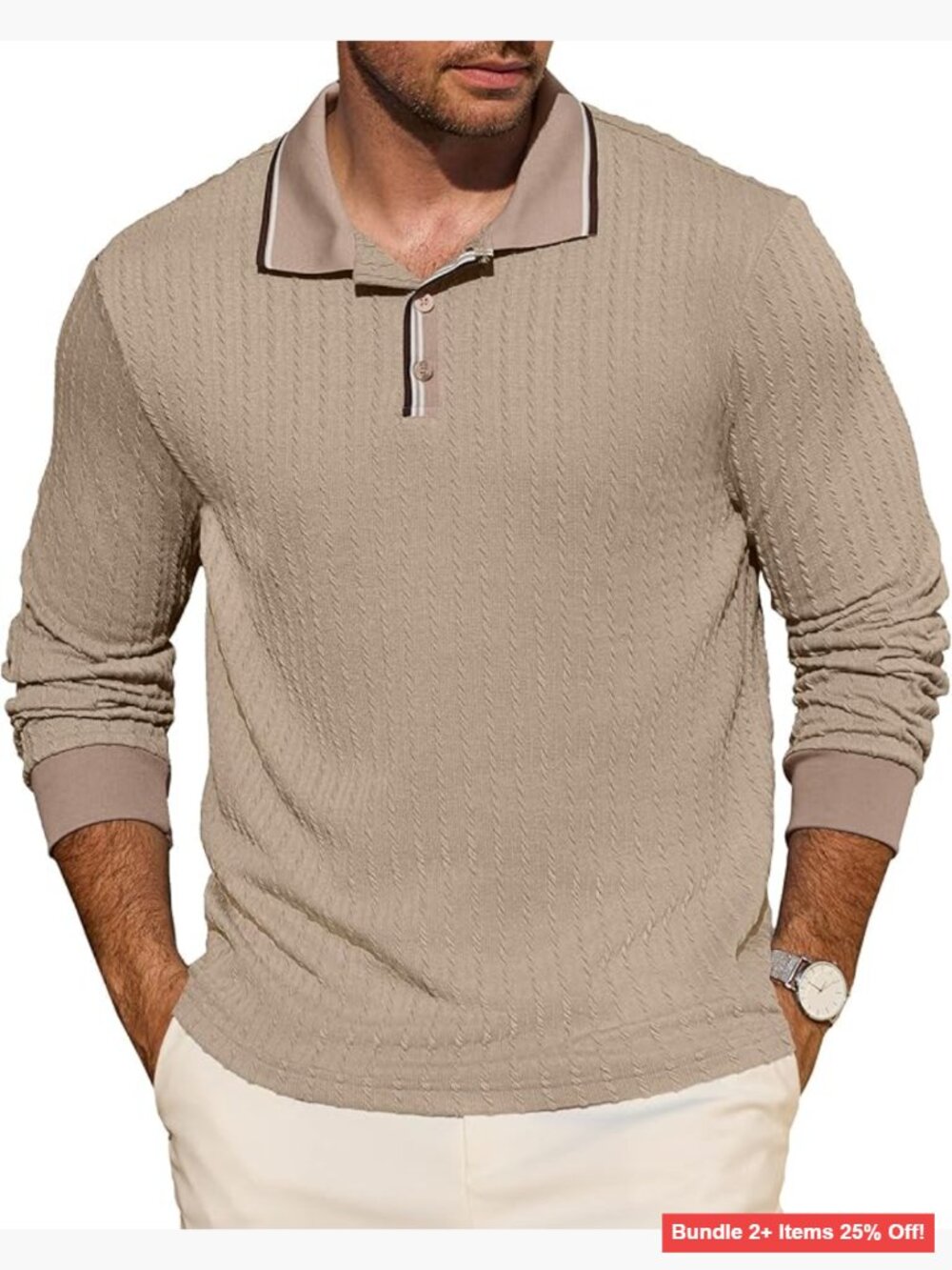 Men's Long Sleeve Polo Shirt, Knitted Textured Pullover, Classic Fit,